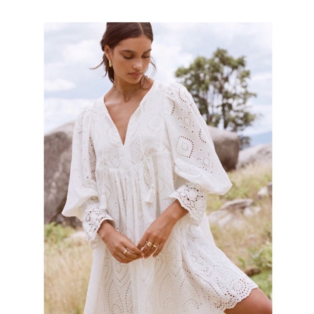 Spell Dylan Smock Dress White Eyelet Cotton Boho Bridal Cottagecore Euro Summer